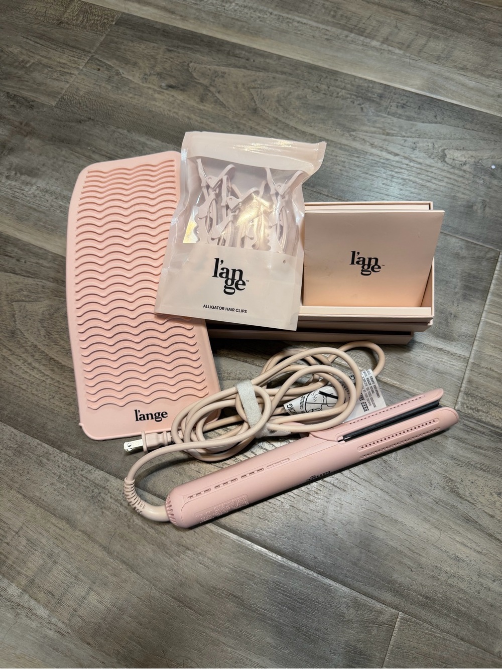 Lange Blush Pink Mini Hair Straightener Kit with Clips and Heat Mat